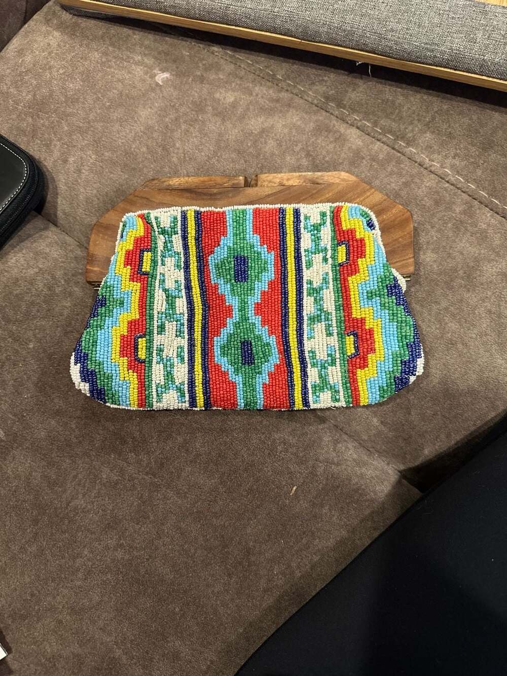 Etam Vintage Geometric Multicolor Beaded Clutch with Wooden Frame Clasp